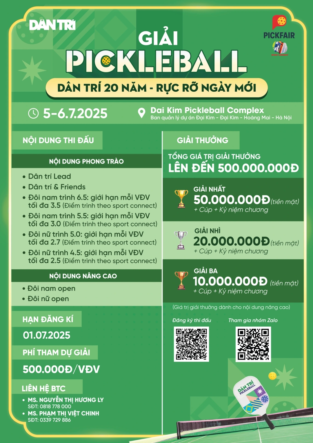 Cơ cấu giải thưởng ở giải đấu pickleball &#8220;Dân trí 20 năm &#8211; Rực rỡ ngày mới&#8221;
