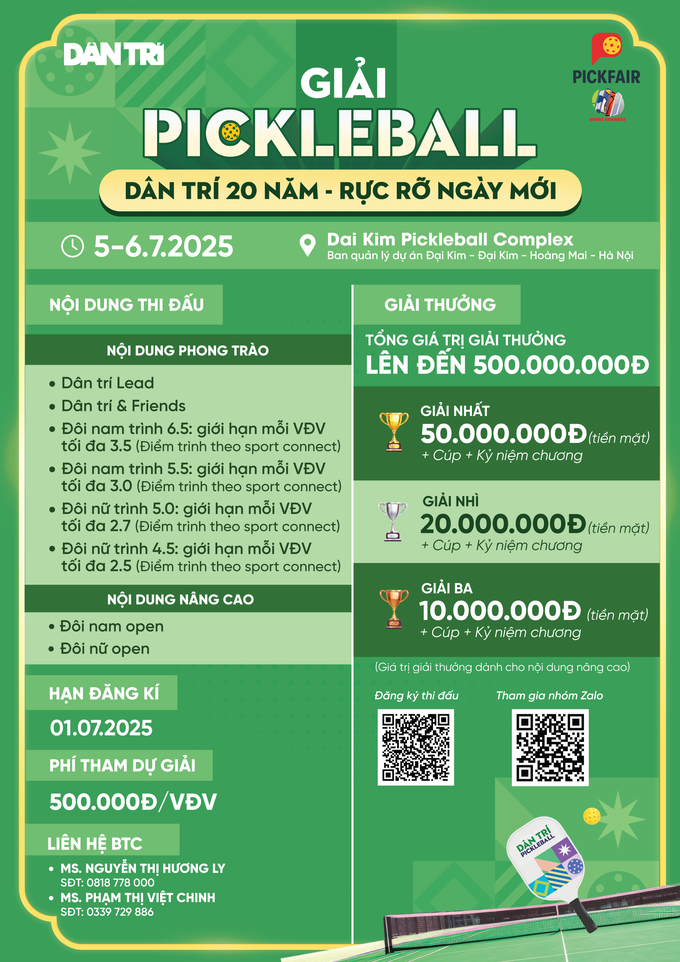 Giải pickleball Dân trí 20 năm - Rực rỡ ngày mới: Ngày hội hấp dẫn - 3 Giải pickleball Dân trí 20 năm - Rực rỡ ngày mới: Ngày hội hấp dẫn - 3